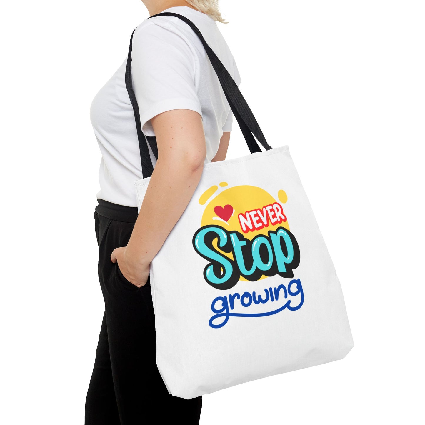 Motivational Tote Bag - Never Stop Growing, Inspirational Gift for Students, Eco-Friendly Shopping, Beach Bag, School Tote