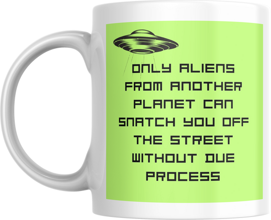 Alien Abduction Ceramic Mug, Funny Outer Space Invasion Drinkware, 11oz 15oz Cup, Due Process Quote Novelty Gift, UFO Kitchen Decor