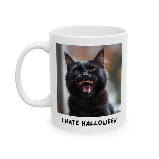 Mug - Funny Black Cat 'Hates Halloween' Design