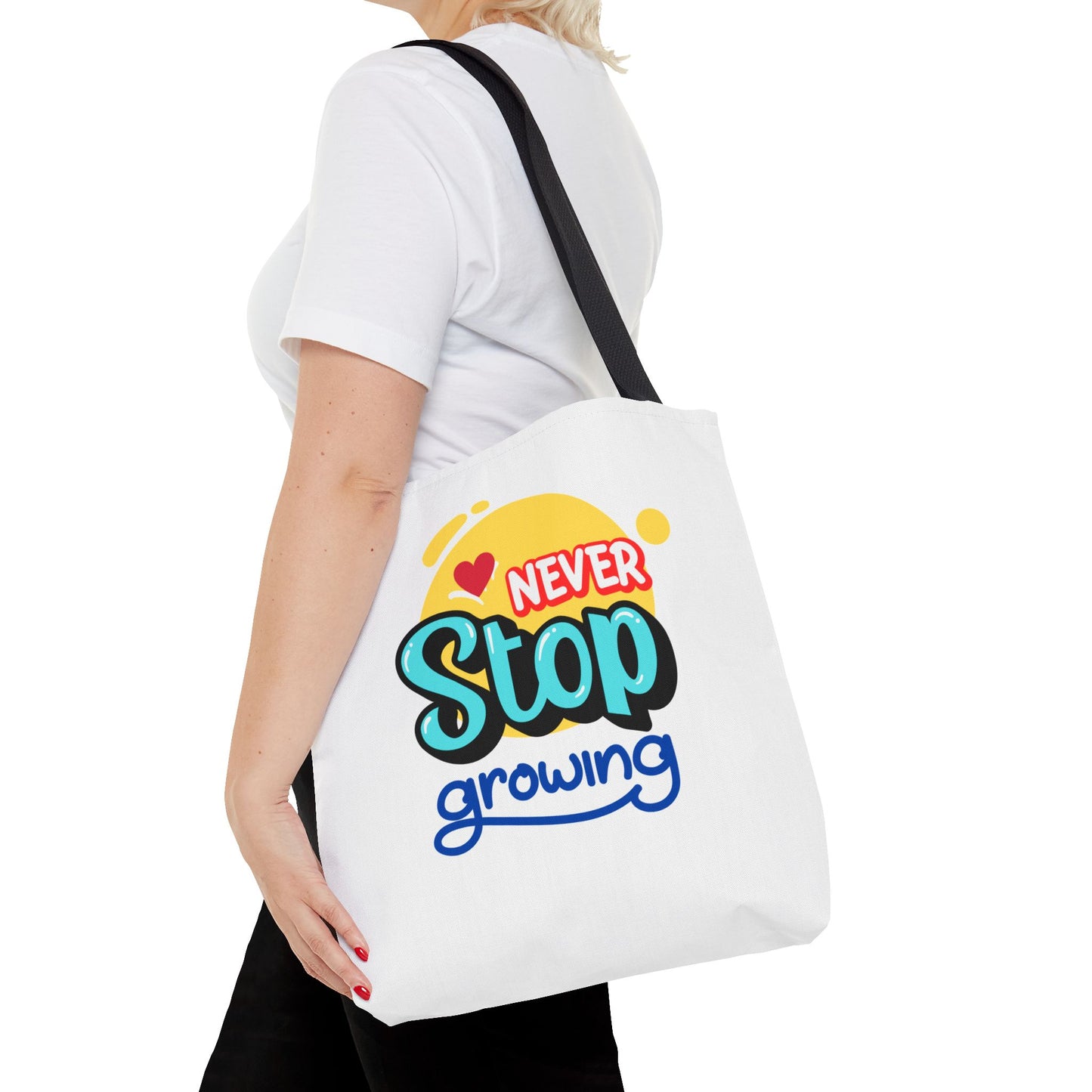 Motivational Tote Bag - Never Stop Growing, Inspirational Gift for Students, Eco-Friendly Shopping, Beach Bag, School Tote