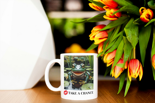 Ceramic Mug, Cute Frog in Pond Saying 'Take a Chance' - Gift for Fairy Tale Lovers, Funny Coffee Cup, Novelty Tea Mug, Animal Lover Gift,