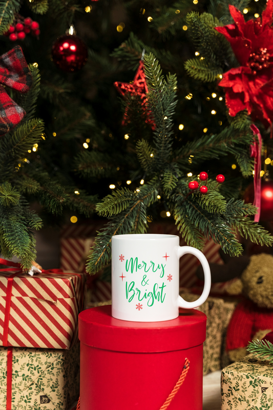 Ceramic Mug, Red and Green Merry and Bright Coffee Cup, Festive Holiday Tea Mug, Christmas Gift, Simple Design Drinkware, Seasonal Hot Cocoa