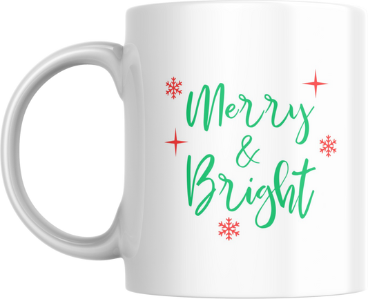 Ceramic Mug, Red and Green Merry and Bright Coffee Cup, Festive Holiday Tea Mug, Christmas Gift, Simple Design Drinkware, Seasonal Hot Cocoa