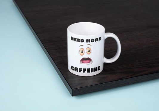 Funny Face Ceramic Mug, Hilarious Coffee Cup Gift for Coffee Lovers, Caffiene Addicts, 11oz, Need More Caffiene Design, Kitchen Decor,