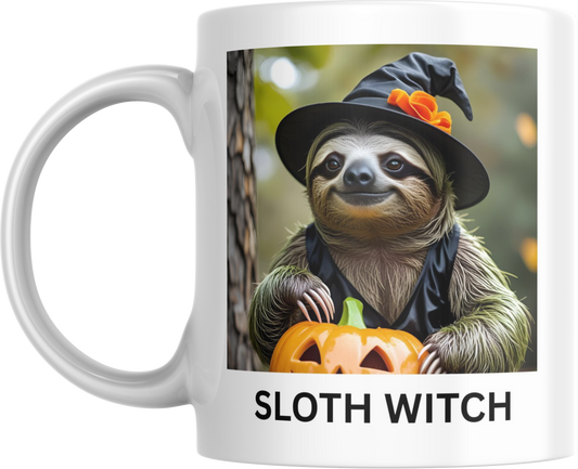 Sloth Witch Mug, Halloween Coffee Cup, Cute Animal Tea Mug, Spooky Sloth Gift, Funny Witchy Mug, Halloween-themed Ceramic Cup