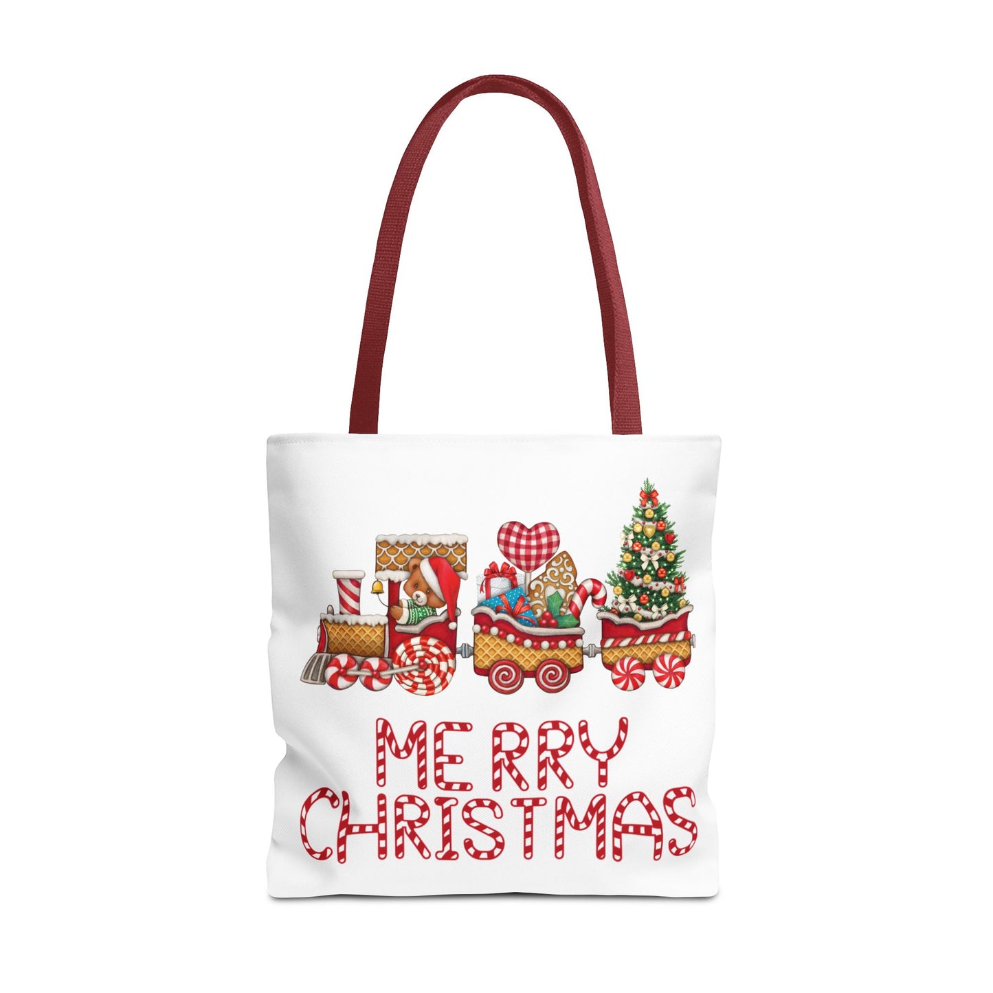 Merry Christmas Tote Bag — Festive Candy-Pattern Holiday Gift Tote