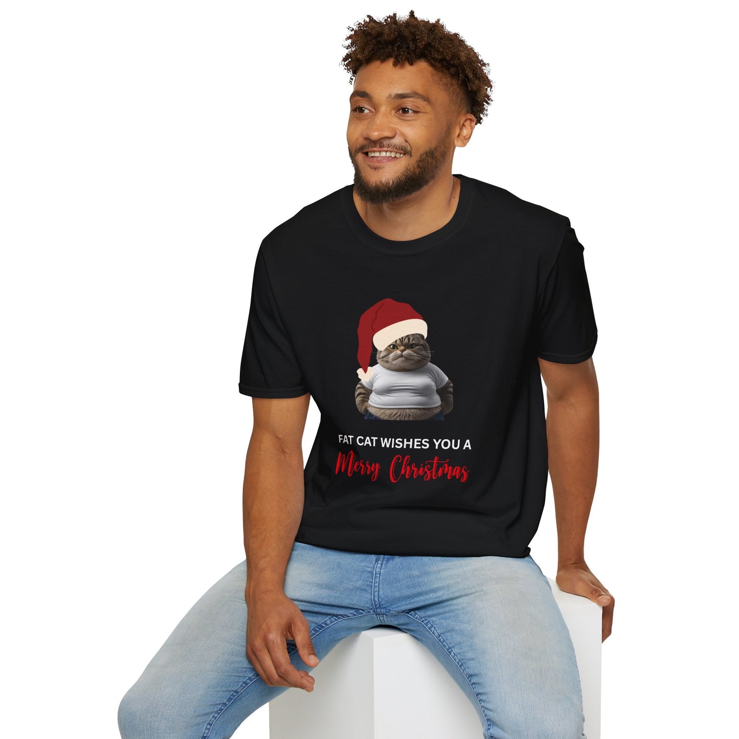 Christmas Cat T-Shirt — "Fat Cat Wishes You a Merry Christmas" Holiday Tee