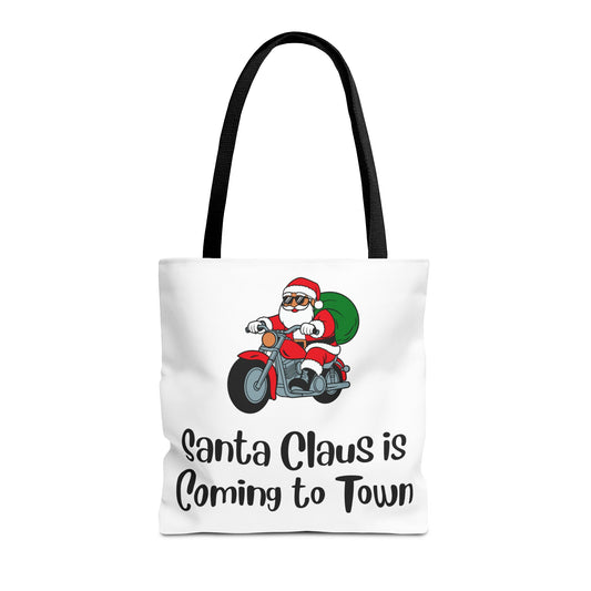 Santa Claus Is Coming To Town Motorcycle Tote Bag — Funny Christmas Holiday Gift Tote